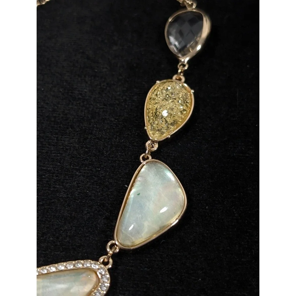 Boho Yellow Gold Tone Cabochon Beige Champagne Statement‎ Crystal Necklace 21 in